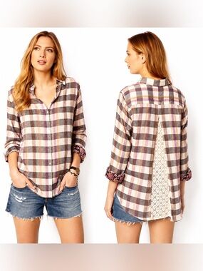 Anthropologie Isabella Sinclair Shirt Plaid Lace Back Button Roll Tab floral Med